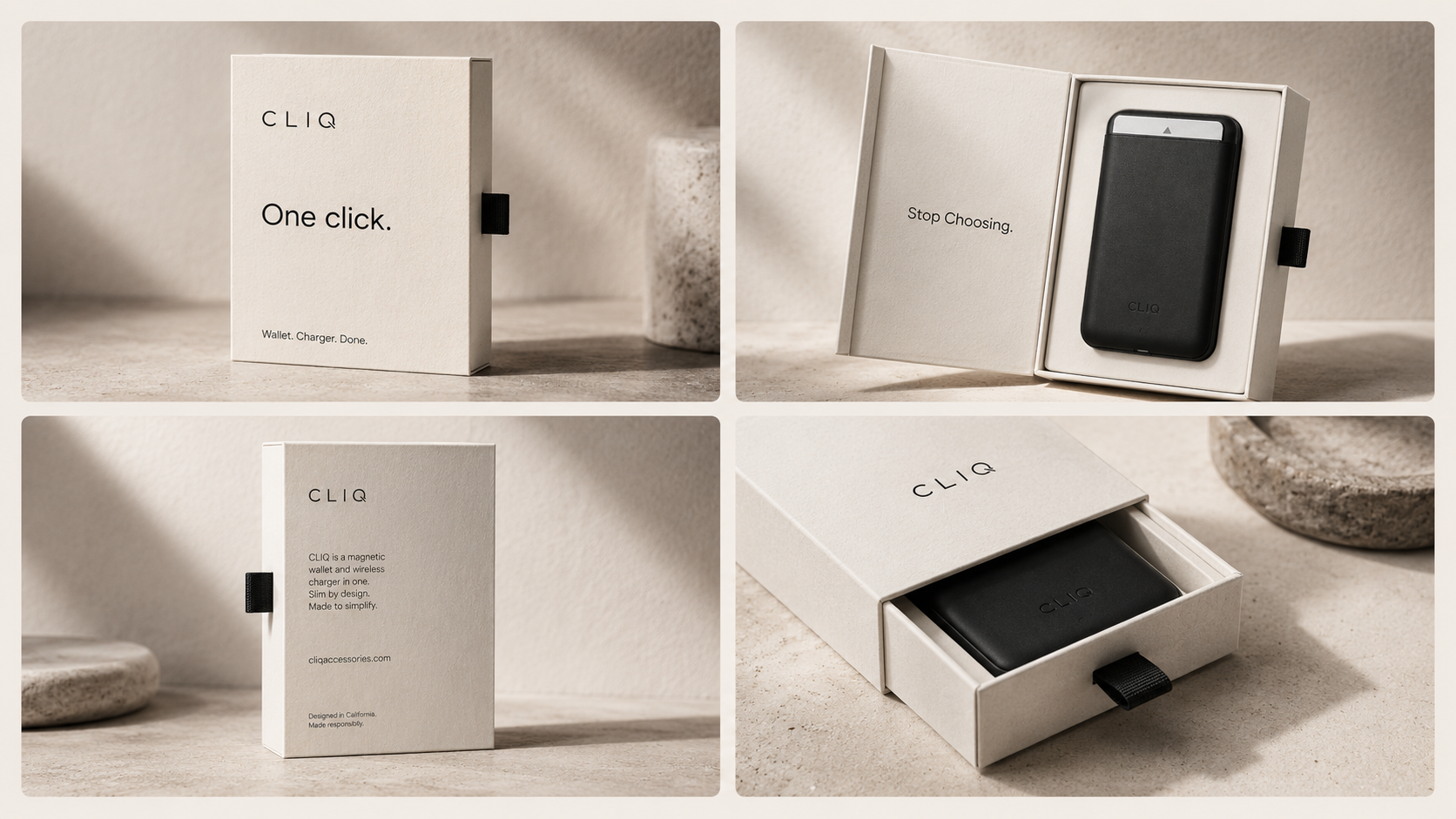 Four CLIQ packaging concept views showing a cream presentation box and drawer-style insert
