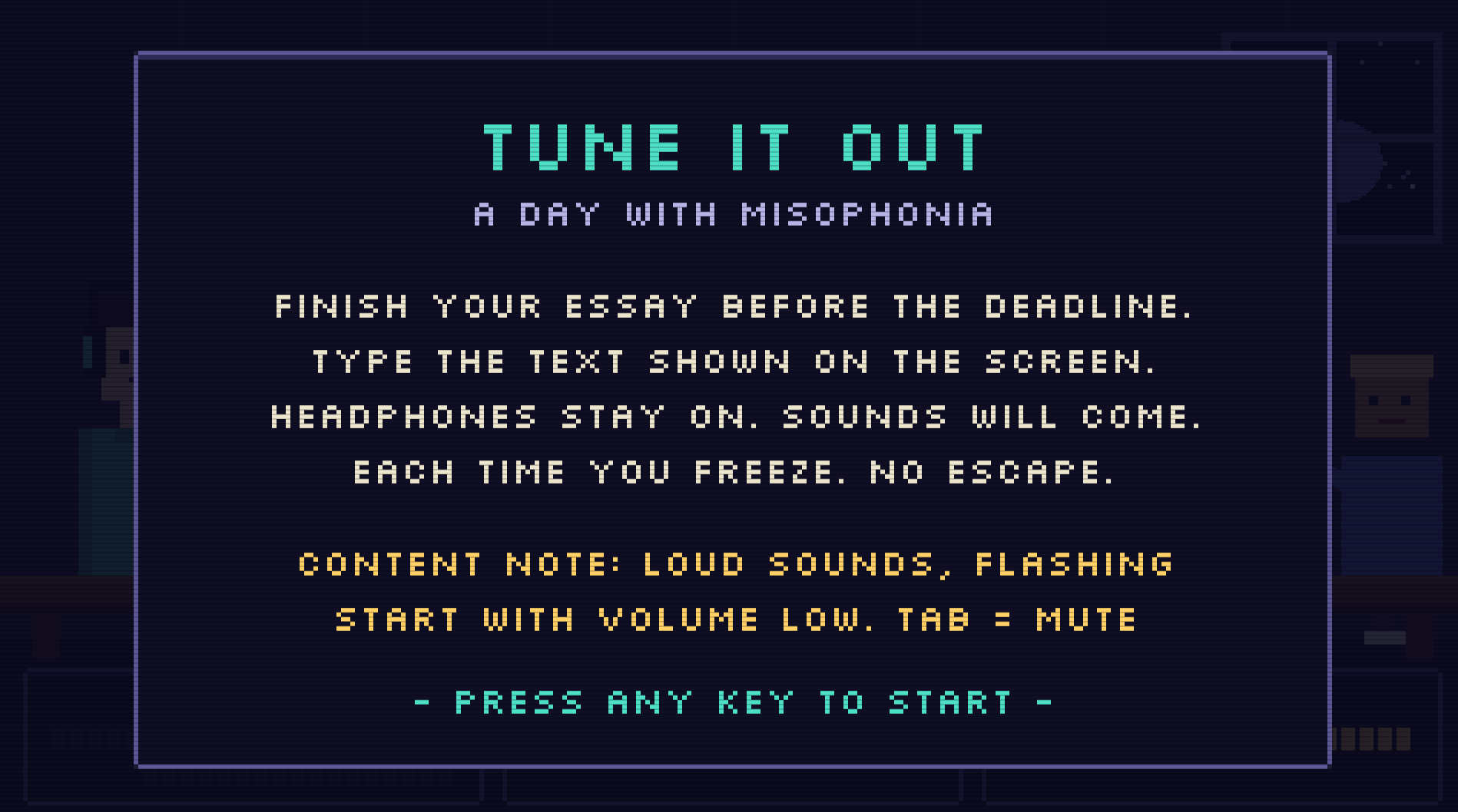 Tune It Out title screen introducing the misophonia awareness game